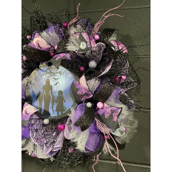 Witchy Halloween Wreath – Purple & Black Deco Mesh Door Decor – Handmade 24 inch - Picture 4 of 6